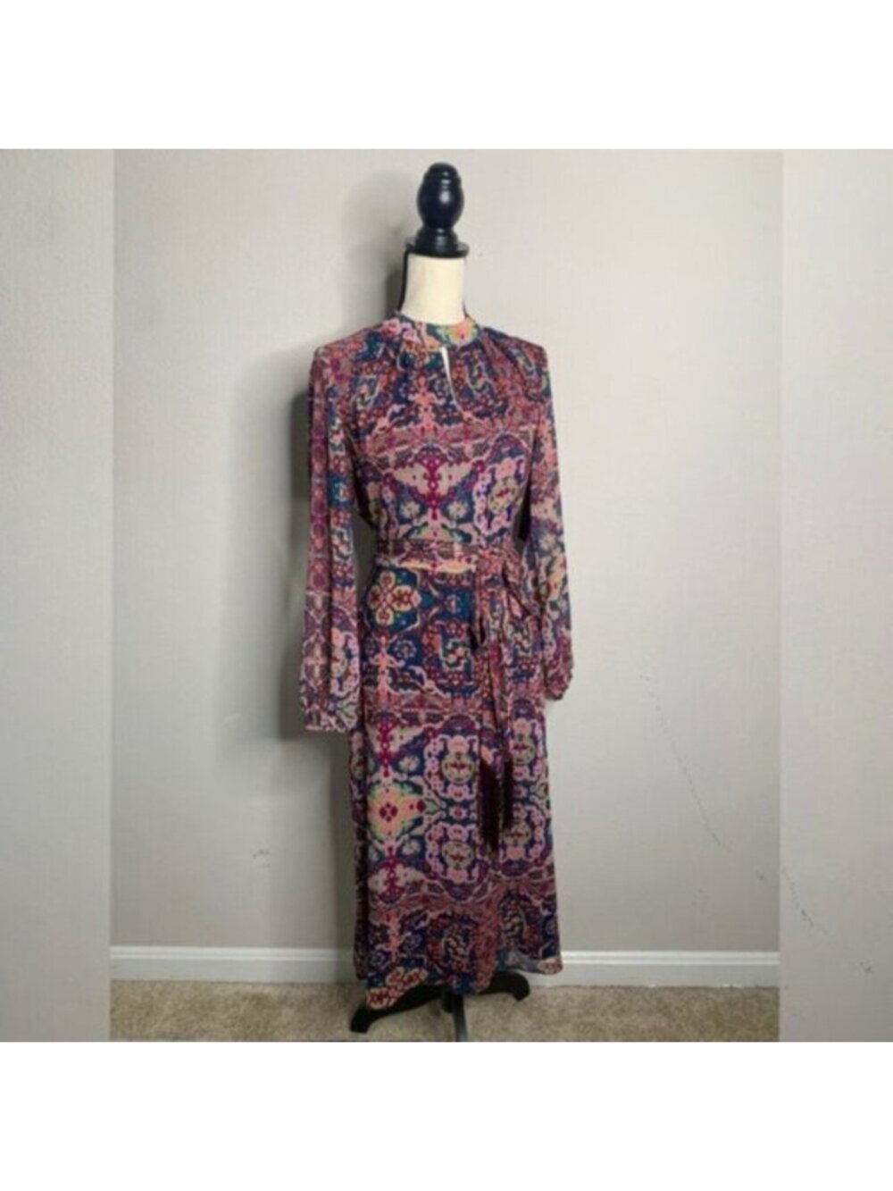NWT Tahari ASL Tapestry Print Chiffon Long Sleeve Midi Dress - Picture 6 of 17
